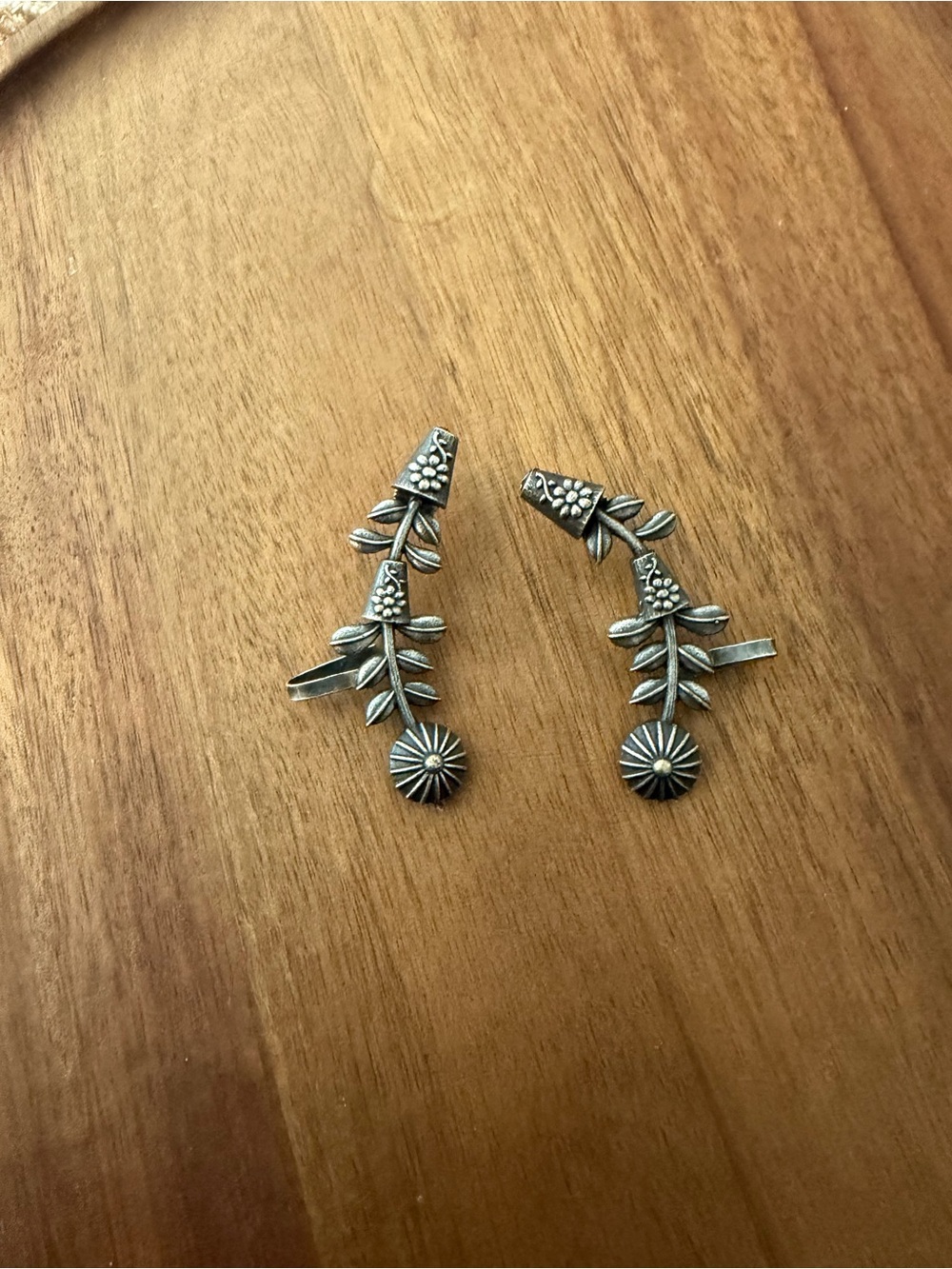 Silver Floral Vine Ear Climbers - Leaf and Sunburst Design